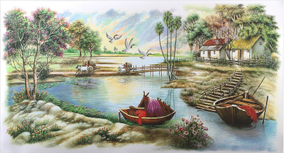 

Bm Traders Textured Work Beautiful Village Painting Fine Print Unframed Rolled Wall Poster (20 X 40 Inches) Fine Art Print(20 inch X 40 inch, Rolled)