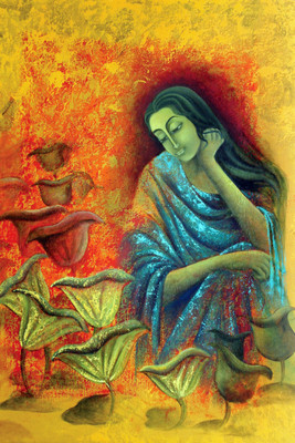 

Oshi - Lady looking at Flowers Fine Art Paper Print(18 inch X 12 inch, Streched)