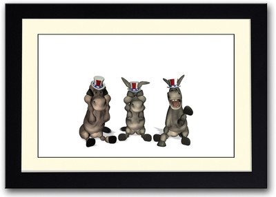 Three Donkeys With Hat Art Fine Art Print(14 inch X 20 inch, Framed)