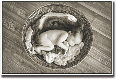 

Baby sleeping in basket b&w Fine Art Print(12 inch X 18 inch, Rolled)