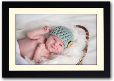 Baby With Button Cap In Basket Fine Art Print(14 inch X 20 inch, Framed)