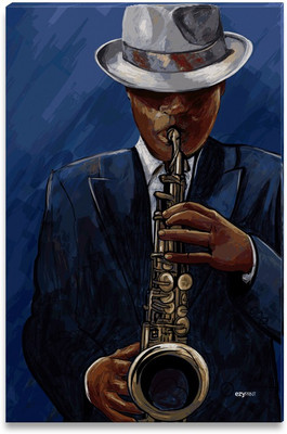 42% OFF on Saxophonist Playing Saxophone on a Blue Background Canvas Art(18 inch X 12 inch, Framed)