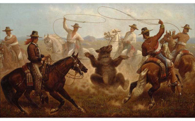 

Cowboys Roping a Bear - Medium Size Ready To Frame Rolled Digital Art Print On Photographic Paper(24 inch X 12 inch, Rolled)