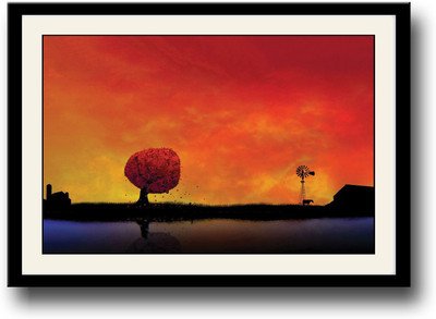 

Red tree and mill on farm Fine Art Print(10 inch X 14 inch, Framed)