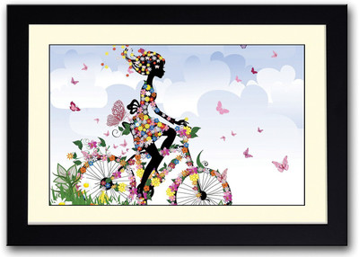

Girl Riding Bicycle Flowers Design Fine Art Print(14 inch X 20 inch, Framed)
