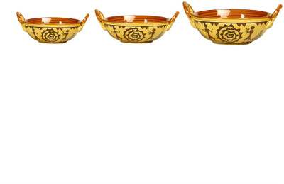 

Caffeine Serving Ceramic in Mustard Tribal (Set of 3) Kadhai 20 cm(Ceramic, Non-stick), Multicolor