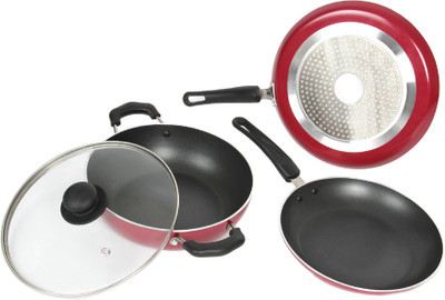 

Kreme Bottom Cookware Set Tawa 24 cm diameter with Lid(Aluminium, Non-stick, Induction Bottom), Red