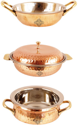 

IndianArtVilla Set of 3 Steel Copper Serving Set Handi 1.3 L(Steel, Copper), Brown;silver