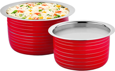 Cookaid Elite Heavy Induction Friendly Patila Set 2 Pcs Pot 1 L(Stainless Steel, Induction Bottom), Red