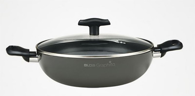 Alda Triple Layer Non Stick Graphito Wok Pan with Glass Lid 24 cm Kadhai 24 cm with Lid Aluminium, Non stick, Induction Bottom Alda Woks Kadhais