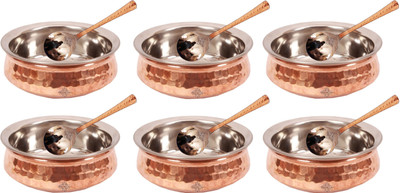 

IndianArtVilla Set of 6 Hammered Steel Copper Handi - 750 ML each with 6 Spoon, Serving Dishes, Tableware Handi 4.5 L(Steel, Copper), Brown;steel