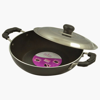 

Petals With Ss Lid Kadhai 24 cm with Lid(Aluminium, Non-stick), Black;grey