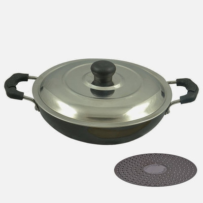 

Petals With Ss Lid Kadhai 24 cm(Aluminium, Non-stick, Induction Bottom), Black;grey