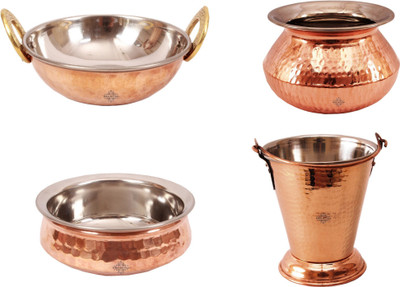 

IndianArtVilla Set of 4 Steel Copper Serving Set Handi 1.4 L(Steel, Copper), Brown;steel
