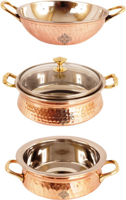 

IndianArtVilla Set of 3 Steel Copper Serving Set Handi 1 L(Steel, Copper), Brown;silver