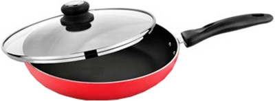 Black Diamond Non Stick Induction Bottom Fry Pan with Glass Lid 25 cm Red Tadka Pan 24 cm diameter with Lid 1 L capacity(Stainless Steel, Non-stick, Induction Bottom)