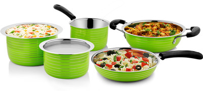 

Cookaid Elite Heavy Green Cookware Set 5 Pcs Sauce Pan 14 cm diameter(Stainless Steel, Induction Bottom)