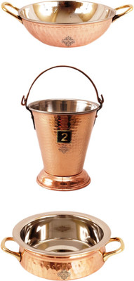 

IndianArtVilla Set of 3 Steel Copper Serving Set Handi 1 L(Steel, Copper), Brown;silver