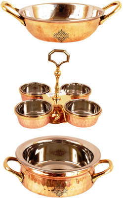 

IndianArtVilla Set of 3 Steel Copper Serving Set Handi 1000 L(Steel, Copper), Brown;silver
