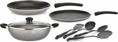 Greenchef Induction Base 8 PC Gift Set Kadhai 0 cm with Lid(Aluminium, Non-stick, Induction Bottom), Grey