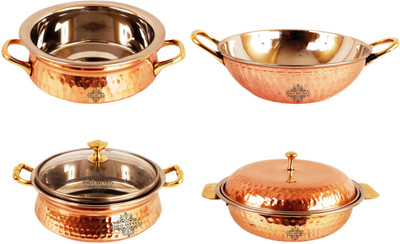 

IndianArtVilla Set of 4 Steel Copper Serving Set Handi 1 L(Steel, Copper), Brown;silver
