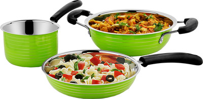 

CookAid Stainless Steel 3 Pieces Green Cookware Set Kadhai 0 cm(Stainless Steel)