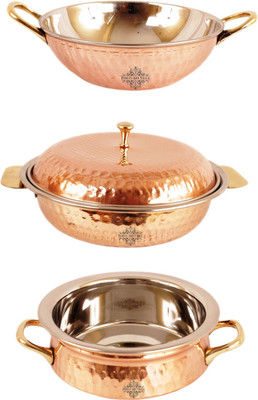 

IndianArtVilla Set of 3 Steel Copper Serving Set Handi 1 L(Steel, Copper), Brown;silver