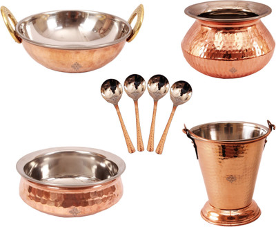 

IndianArtVilla Set of 4 Steel Copper Serving Set with Spoon Handi 1.4 L(Steel, Copper), Brown;steel