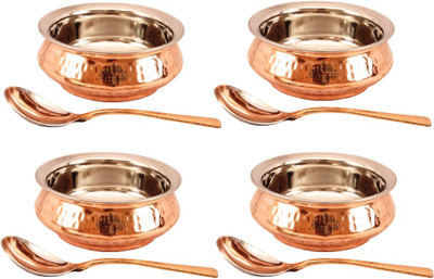 

IndianArtVilla Set of 4 Steel Copper Mughlai Handi with Spoon Handi 2.6 L(Steel, Copper), Brown;steel