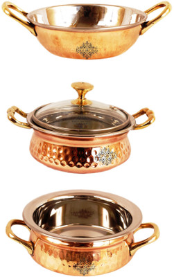 

IndianArtVilla Set of 3 Steel Copper Serving Set Handi 1000 L(Steel, Copper), Brown;silver
