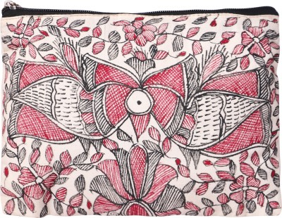 

iMithila Beautiful Peacocks and Auspicious Lotus Casual Daywear Madhubani Handpainted Cotton Pouch(Multicolor)