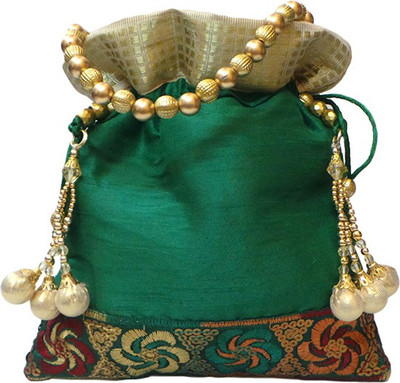 

Bhamini Floral Brocade Border Batwa Potli(Green)