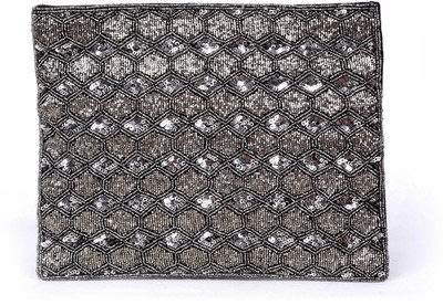 

Diwaah Hand crafted multi embroidered zip top. Pouch(Silver)