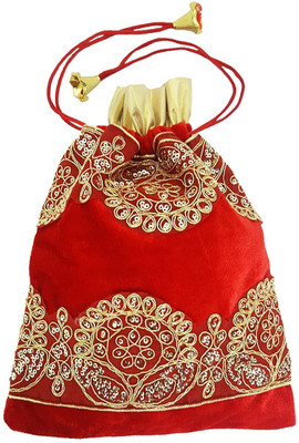 

Mehrunnisa Red Velvet Golden Zardosi Sequence Work Big Size Shagun Potli(Multicolor)