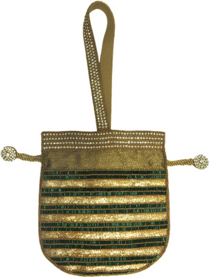 

Kawaii Golden Potli With Green Pipe Beads Potli(Gold)