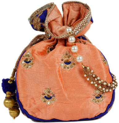 

Pink Cocktail Peach potli with blue zari border Potli(Orange)