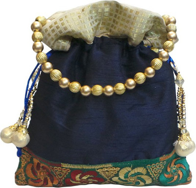 

Bhamini Floral Brocade Border Batwa Potli(Blue)