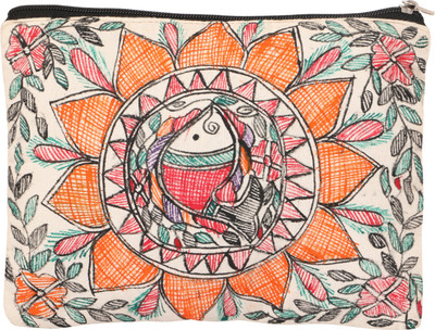 

iMithila Auspicious Fish Patterned in Flower, Casual Madhubani Handpainted Cotton Pouch(Multicolor)