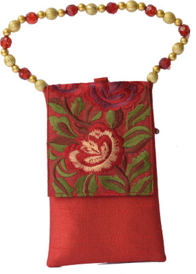 

Mahadev Exports Embroidered Flap mob Cover with Beaded Handle Mobile Pouch(Maroon)