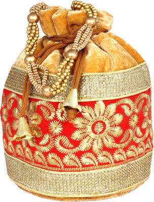 

Pretty Krafts Fashionable Golden Red Potli(Gold, Red)