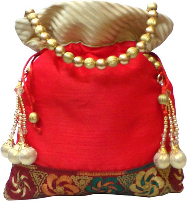 

Bhamini Floral Brocade Border Batwa Potli(Red)