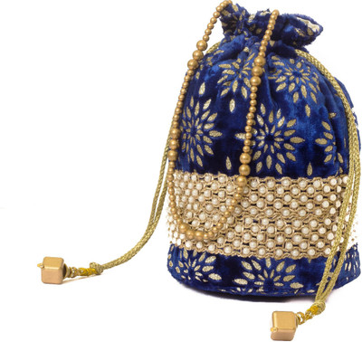 

Designish Blue print with broad lace potli Potli(Blue, Gold)