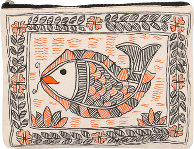 

iMithila Orange and Black Auspicious Fish and Peacock, Casual Madhubani Handpainted Cotton Pouch(Multicolor)