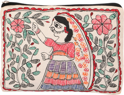

iMithila Auspicious Fishes and Rustic Woman, Casual Madhubani Handpainted Cotton Pouch(Multicolor)