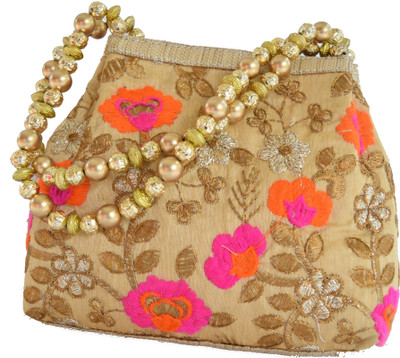 

Mahadev Exports Double Handle Potli Heavy Gold Orange Pink Flowers Potli(Multicolor)