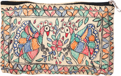 

iMithila Beautiful Peacocks, Casual, Ethnic and Jeanswear Madhubani Handpainted Pure Tussar Silk Pouch(Multicolor)