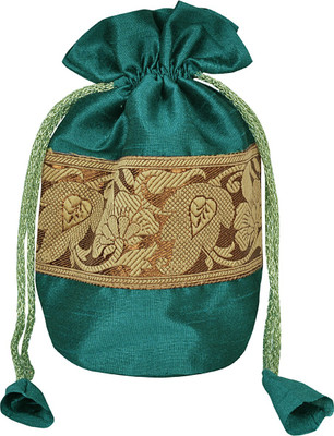

Lal Haveli Brocade Work Floral Design Silk Jewellery Bag Coin Purse(Green)