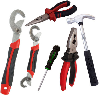 

Asraw Snap N Grip, Plier, Nose Plier, 1/2LB Hammer & Double Sided Screwdriver Hand Tool Kit(5 Tools), Multicolor