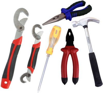 

Asraw Snap N Grip, Plier, Nose Plier, 1/2LB Hammer & Double Sided Screwdriver Hand Tool Kit(5 Tools), Multicolor