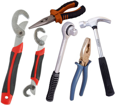 

Asraw Snap N Grip, Plier, Nose Plier, 1/2LB Hammer & Ratchet Handle Hand Tool Kit(5 Tools), Multicolor